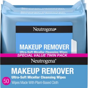 Neutrogena Makeup Remover Wipes Micellar Alcohol-Free Face Towelettes Remove Waterproof Mascara & Oil, Compostable 100% Plant-Based Cloth, Dermatologist & Ophthalmologist Tested, Twin Pack 2 x 25 ct